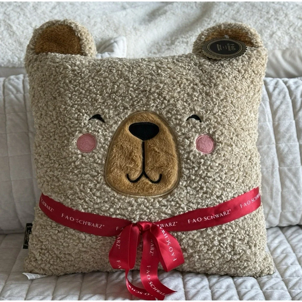 FAO SCHWARZ Brown Curly‎ Hair Teddy Bear Face Pillow NEW With Tags 20